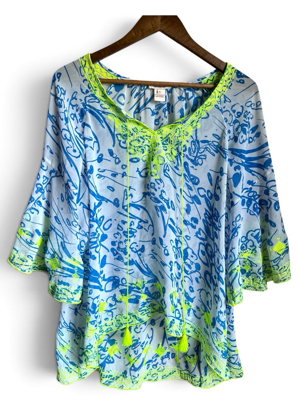 Sundance Womens Embroidered Sheer Mesh Top‎ Sz XL Boho FestivalLayering Tasseled